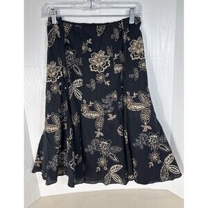 New York & Company Midi Skirt Women's 18 Tan Black Floral Print Flared Boho